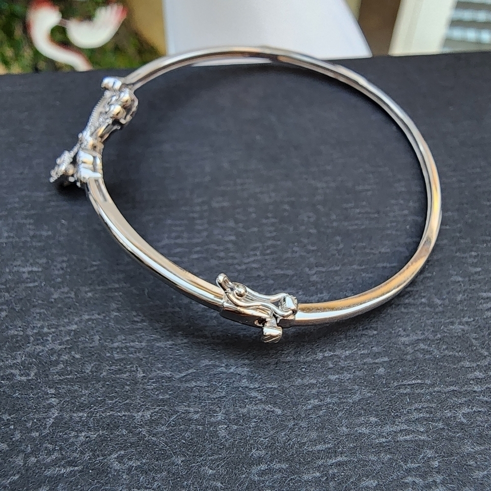 925 Sterling Silver CZ Cross Hinged Bangle Bracelet - Picture 4 of 6